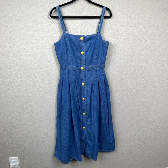 New L’Agence Denim Pleated Esmeralda Dress Button Front Blue Jean Stokes Sz 6 - Picture 5 of 16